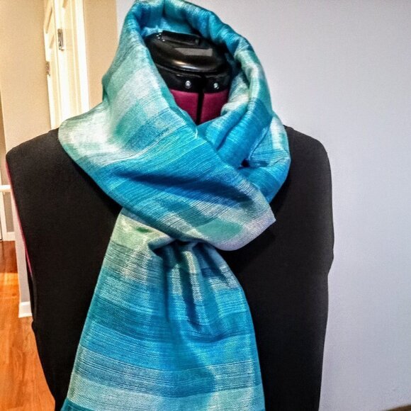 Handwoven Moroccan Blue Striped Oblong Scarf Wrap